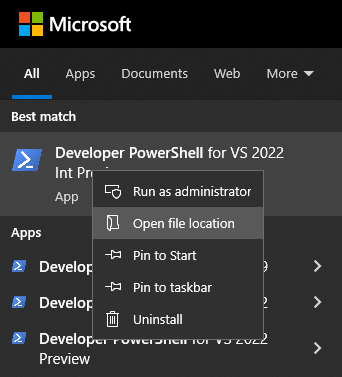 Image showing start menu search results, with a context menu over a search result named "Developer PowerShell for VS 2022 Int Preview", and the "Open file location" context menu item is highlighted